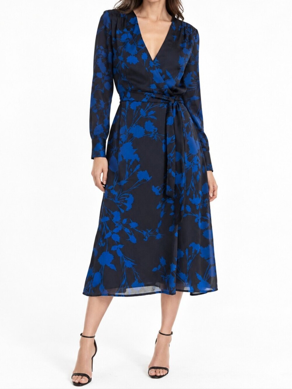 Equipment Cherylene Floral Midi Wrap Dress Sz 4 Satin Royal Blue Cocktail Party